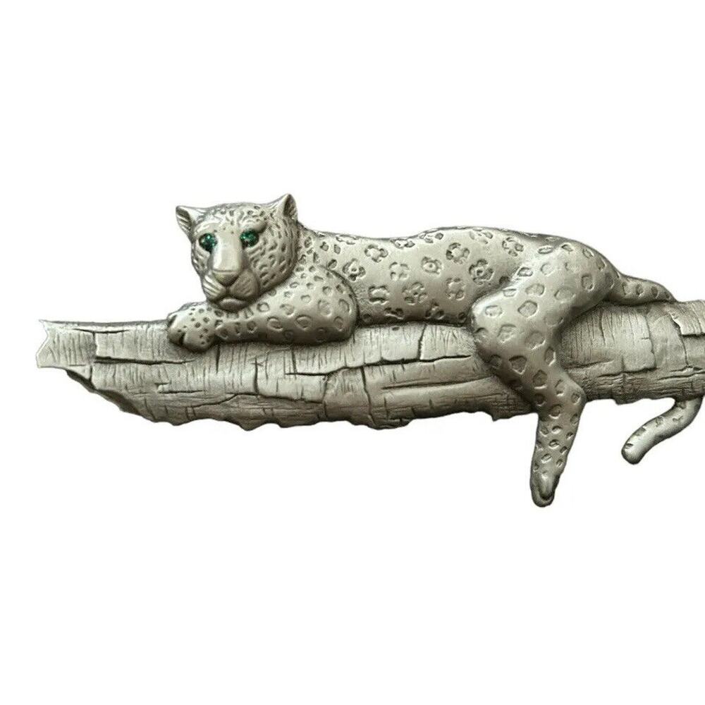 Vintage JJ 1988 Brooch Leopard on a Branch Pewter Green Eyes Signed Large Pin